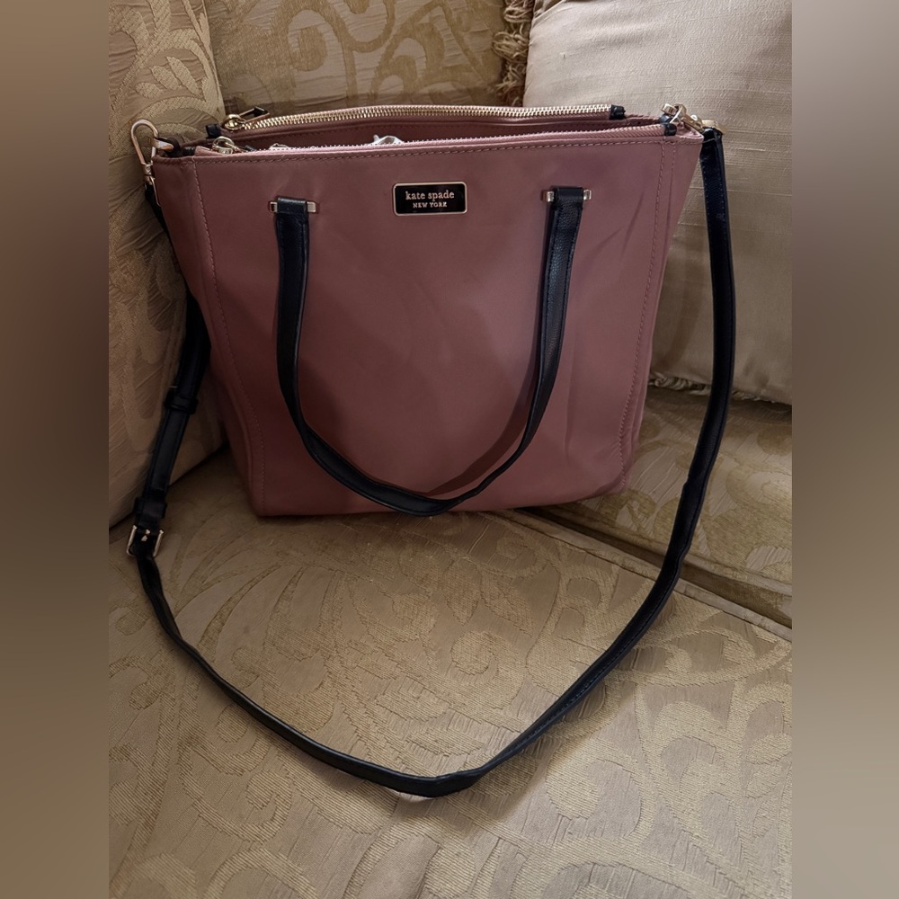 KATE SPADE Medium Satchel Dawn Sparrow Dusty Mauve Nylon Black Leather Tote Bag